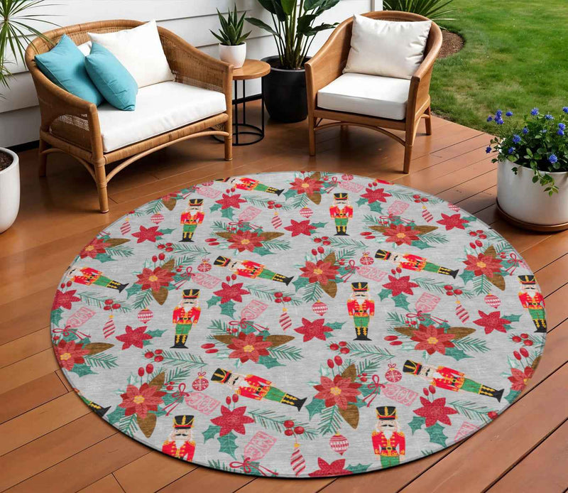 8' Silver Red Black Pink And Brown Round Floral Washable Indoor Outdoor Area Rug