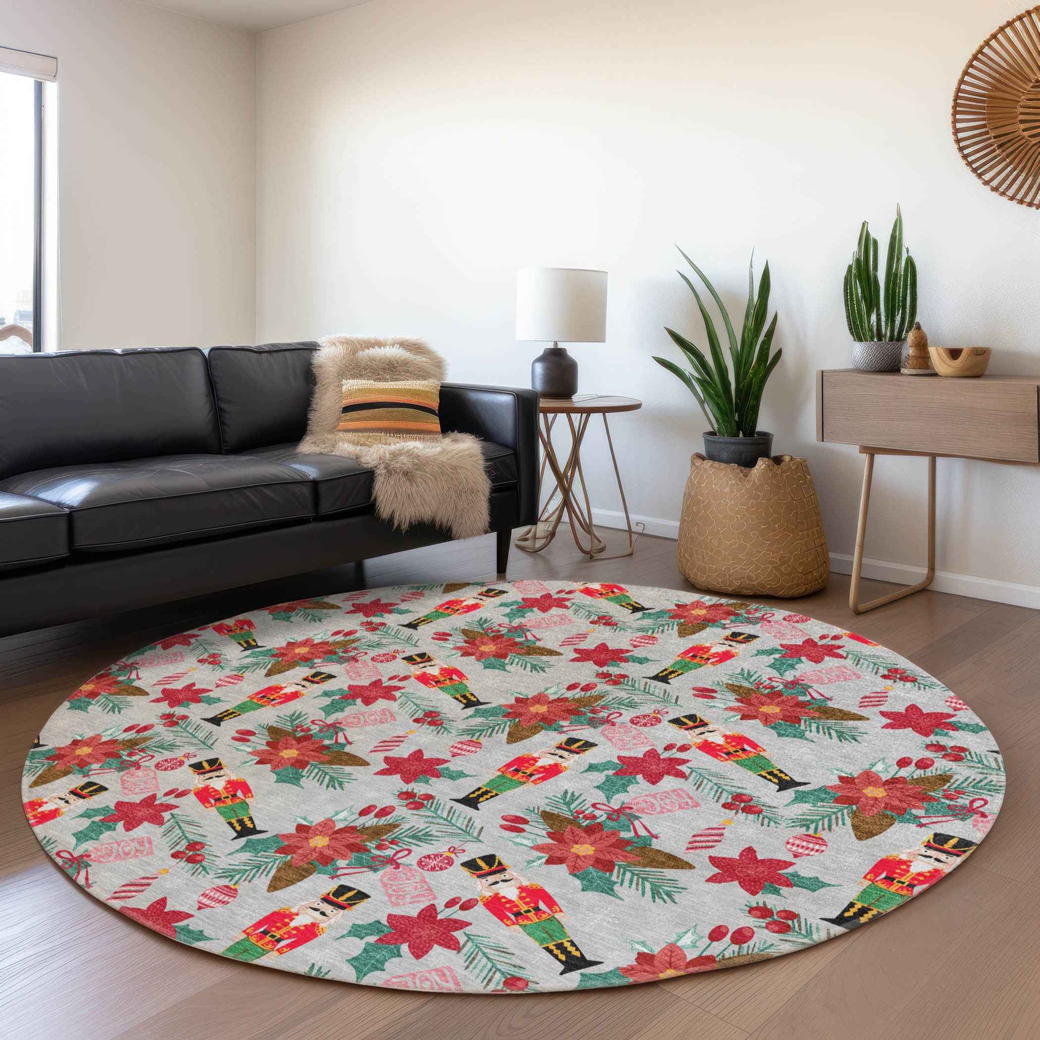 8' Silver Red Black Pink And Brown Round Floral Washable Indoor Outdoor Area Rug