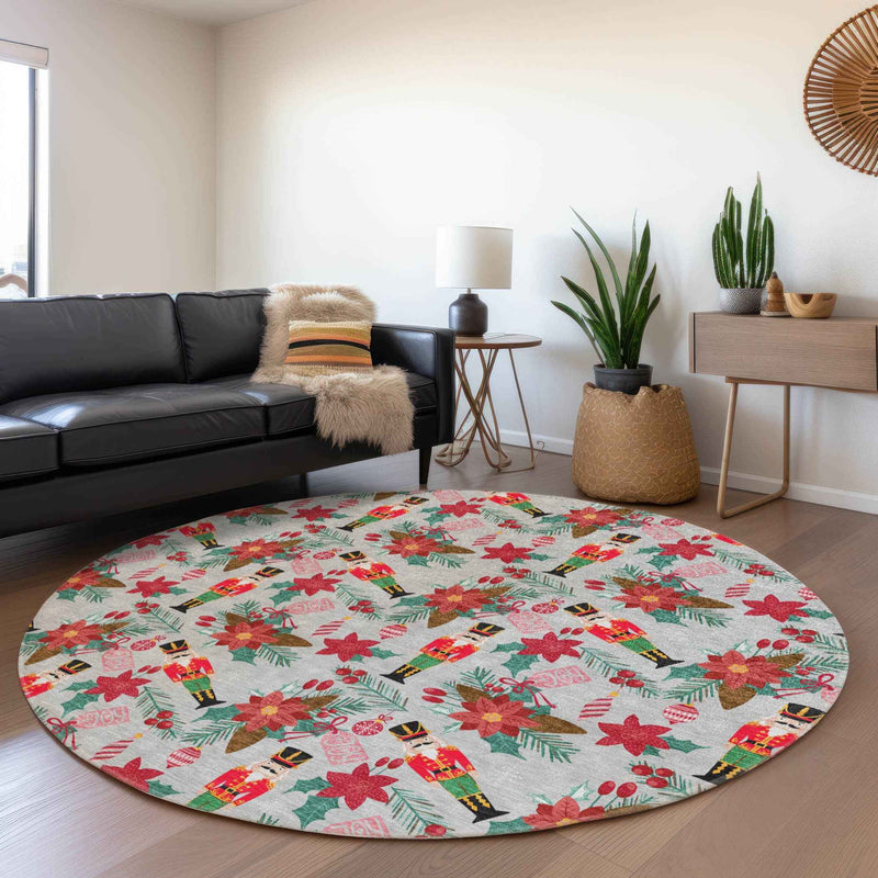 8' Silver Red Black Pink And Brown Round Floral Washable Indoor Outdoor Area Rug