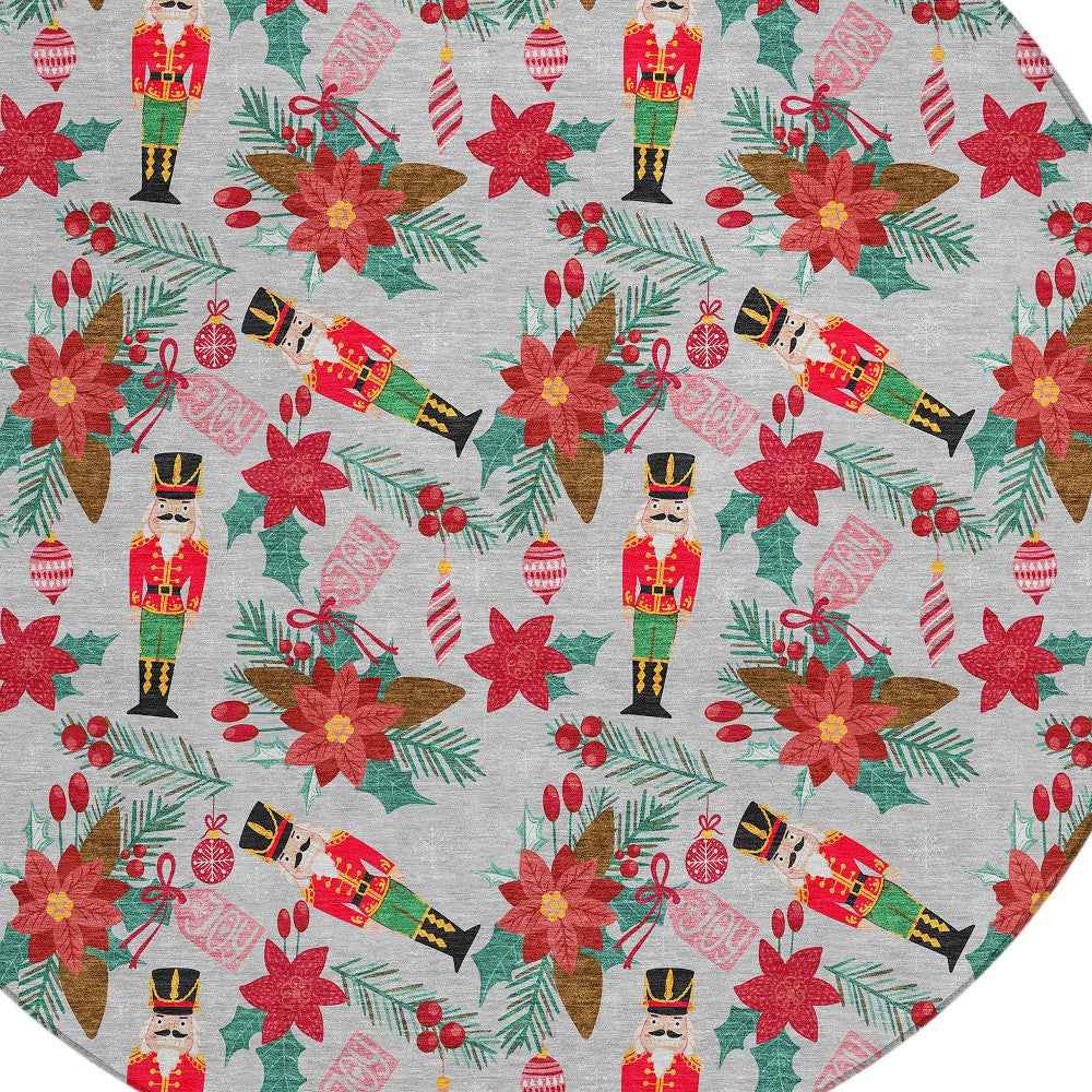 8' Silver Red Black Pink And Brown Round Floral Washable Indoor Outdoor Area Rug