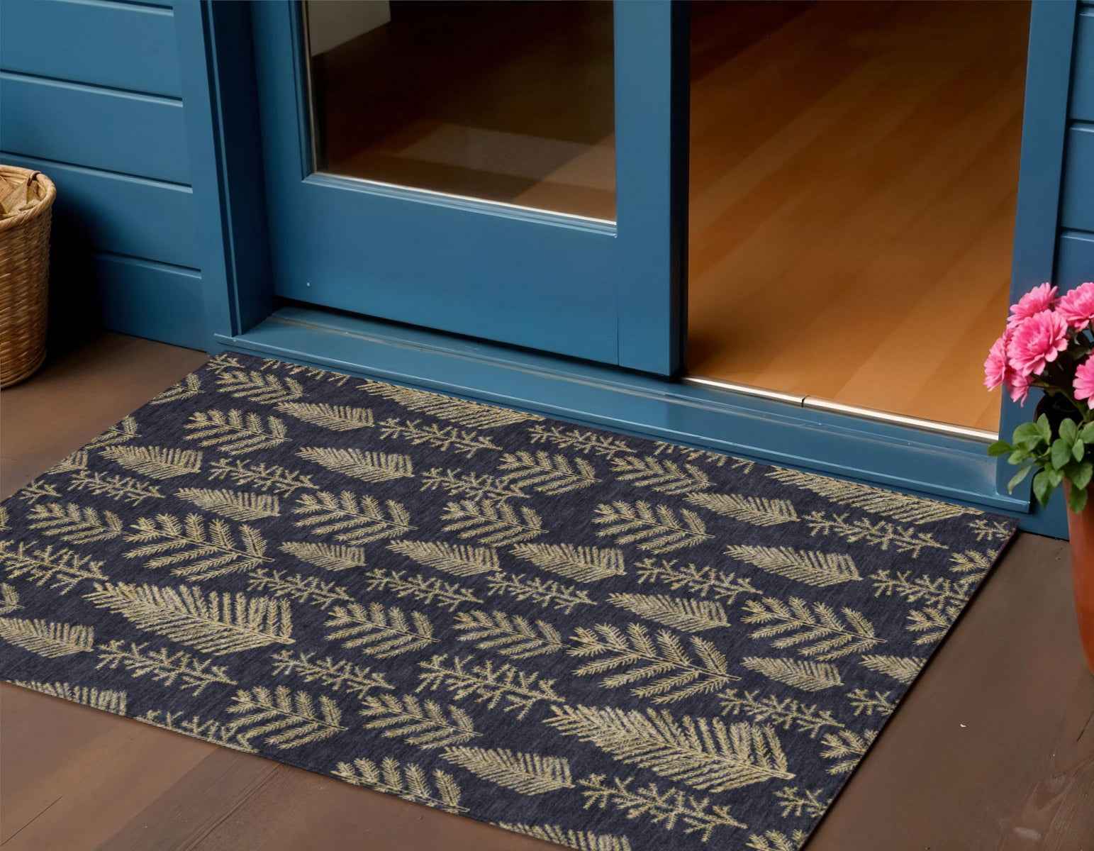 3' X 5' Black And Gold Botanical Leaves Washable Indoor Outdoor Area Rug