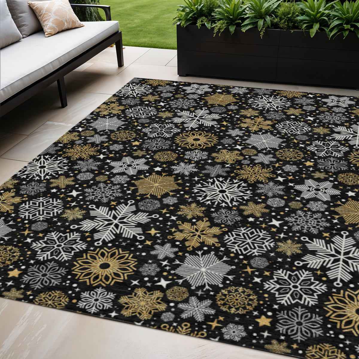 5' X 8' Black Gold And Gray Medallion Washable Indoor Outdoor Area Rug