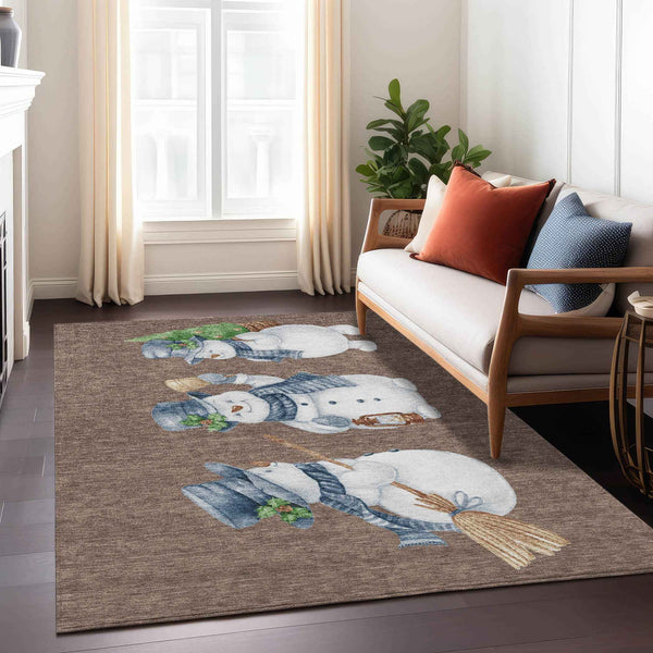 3' X 5' Brown Denim Blue And Ivory Botanical Leaves Washable Indoor Outdoor Area Rug