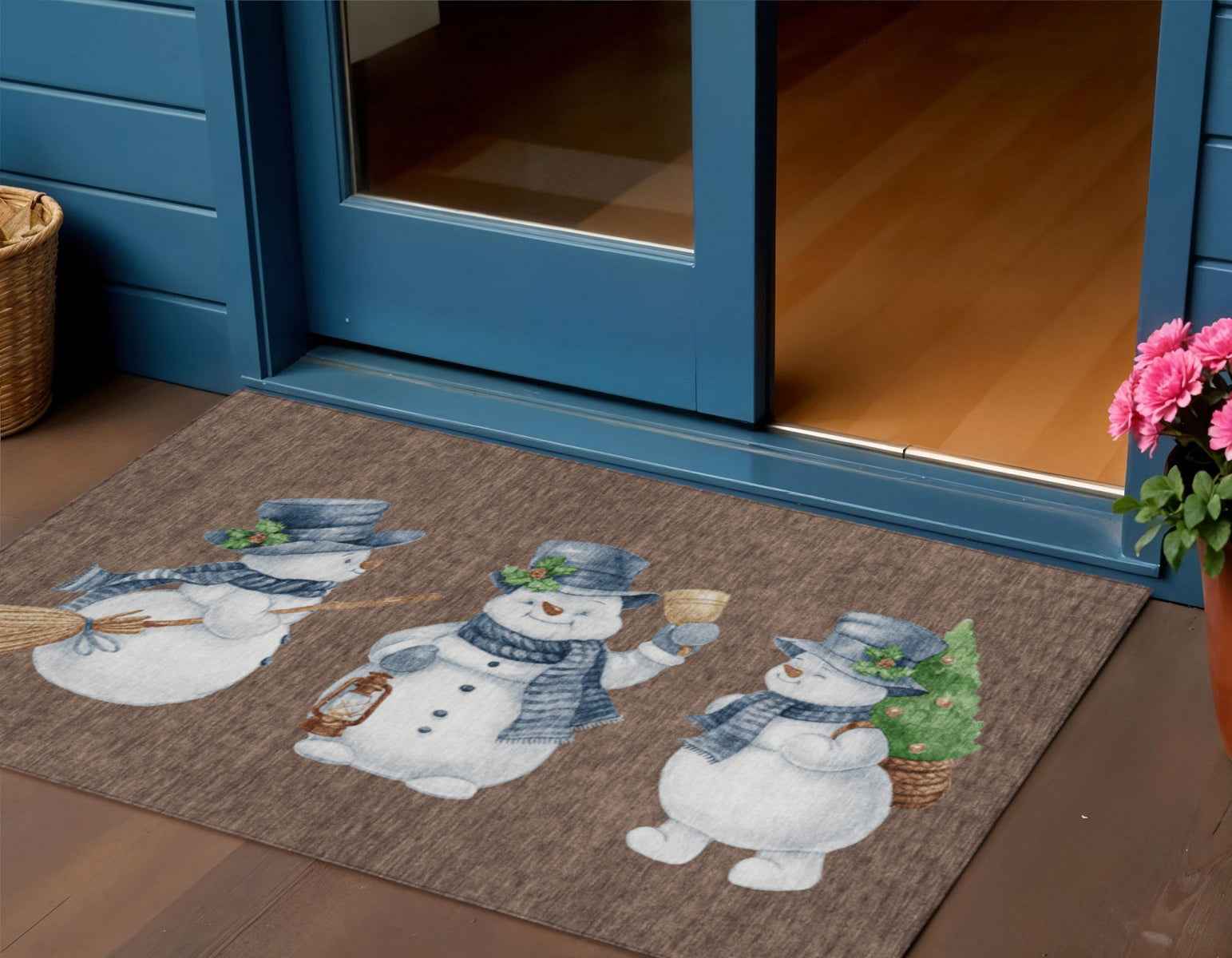 3' X 5' Brown Denim Blue And Ivory Botanical Leaves Washable Indoor Outdoor Area Rug