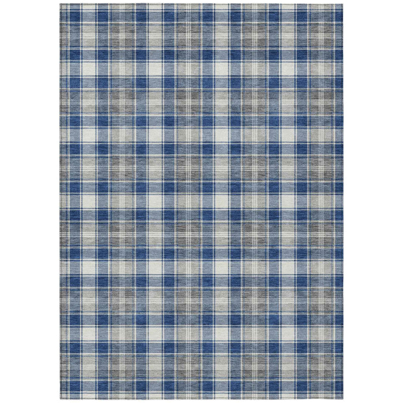 5' X 8' Navy Blue Ivory And Gray Plaid Washable Indoor Outdoor Area Rug