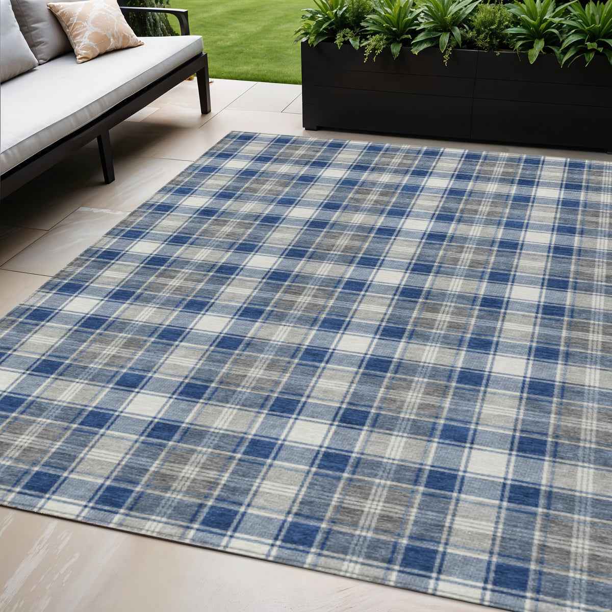 5' X 8' Navy Blue Ivory And Gray Plaid Washable Indoor Outdoor Area Rug