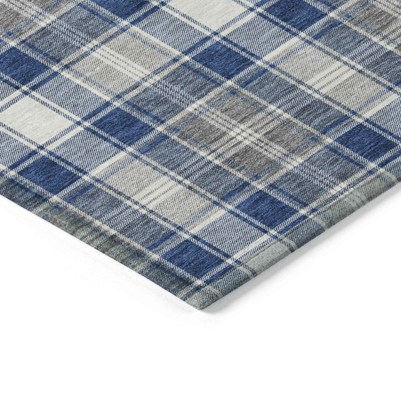 5' X 8' Navy Blue Ivory And Gray Plaid Washable Indoor Outdoor Area Rug