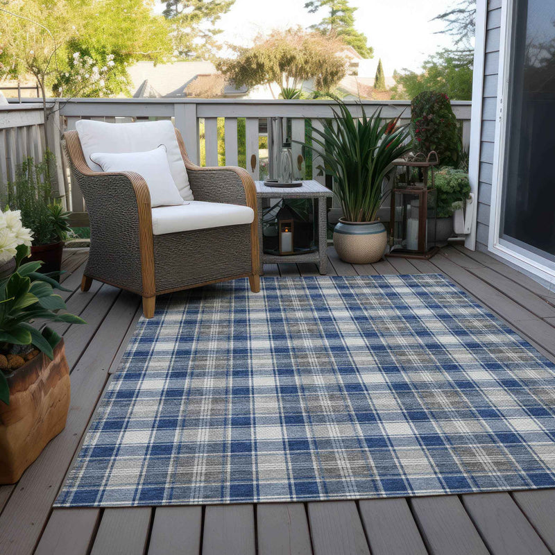 5' X 8' Navy Blue Ivory And Gray Plaid Washable Indoor Outdoor Area Rug