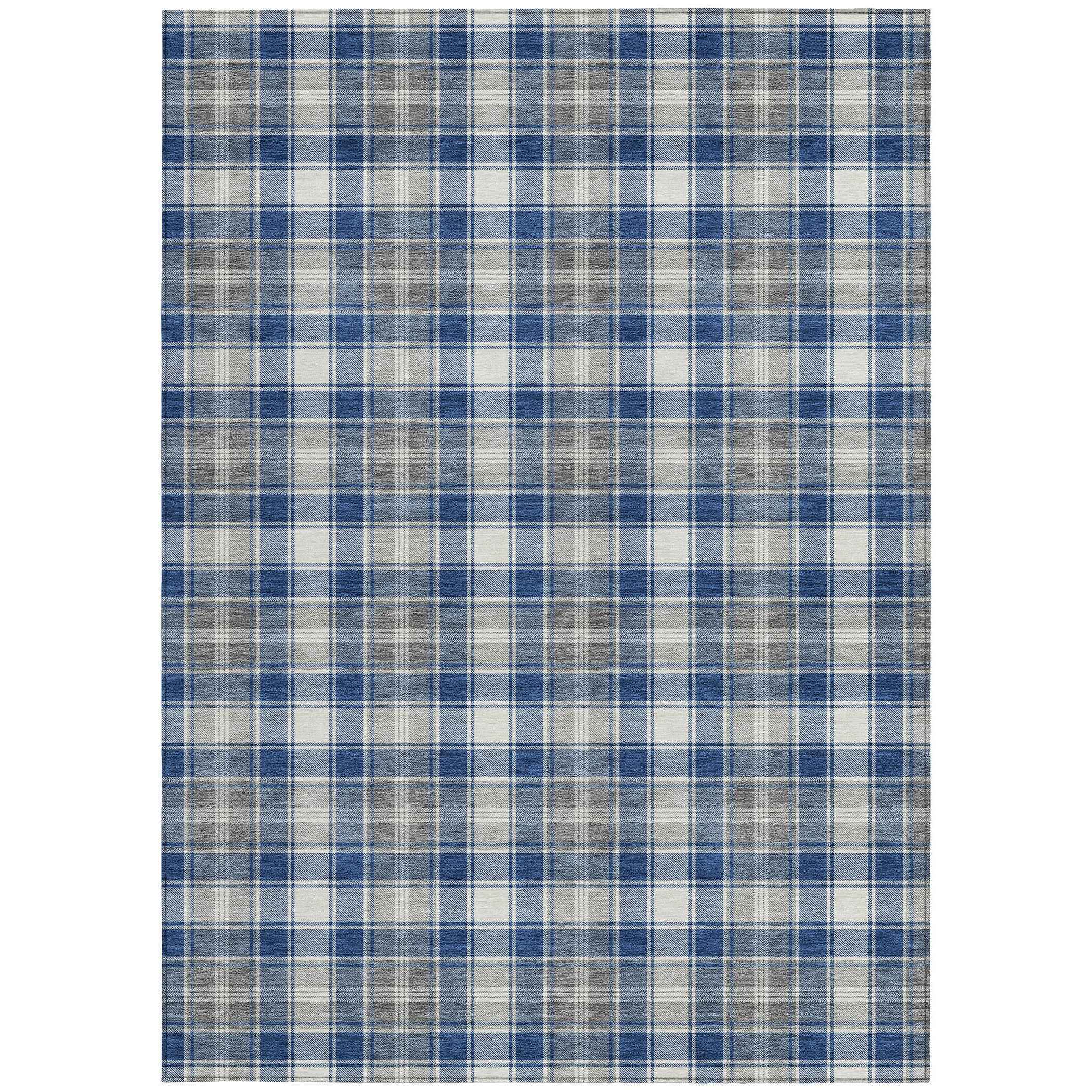 5' X 8' Navy Blue Ivory And Gray Plaid Washable Indoor Outdoor Area Rug