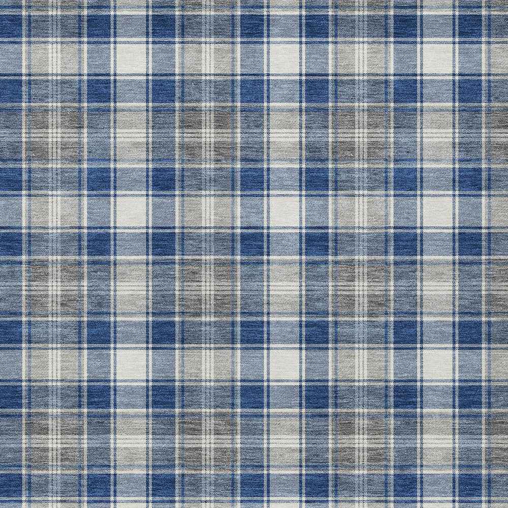5' X 8' Navy Blue Ivory And Gray Plaid Washable Indoor Outdoor Area Rug