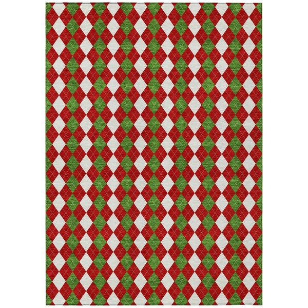 9' X 12' Red White And Green Argyle Washable Indoor Outdoor Area Rug