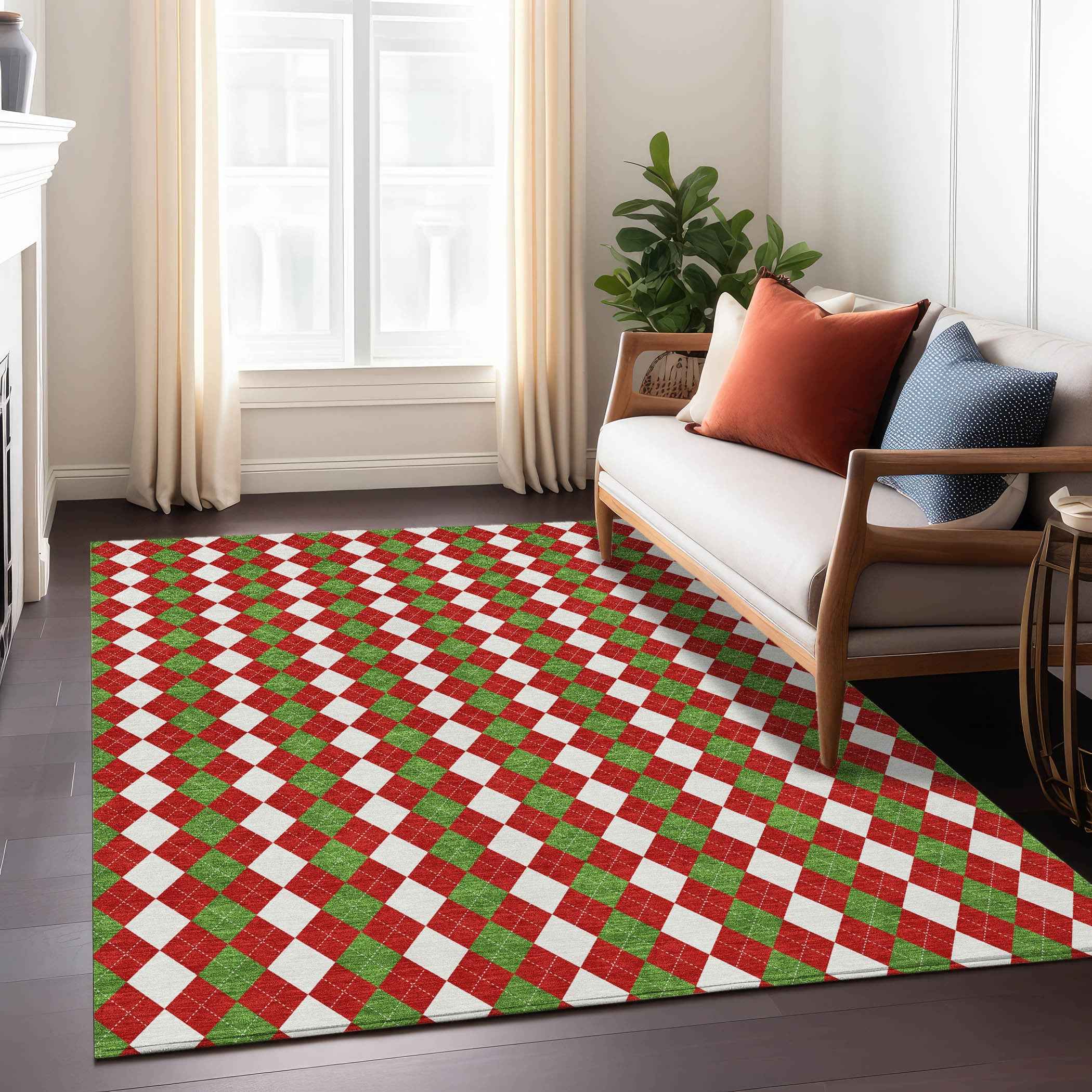 9' X 12' Red White And Green Argyle Washable Indoor Outdoor Area Rug