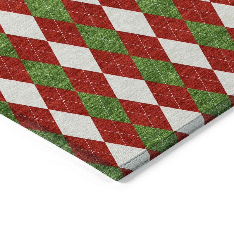 9' X 12' Red White And Green Argyle Washable Indoor Outdoor Area Rug