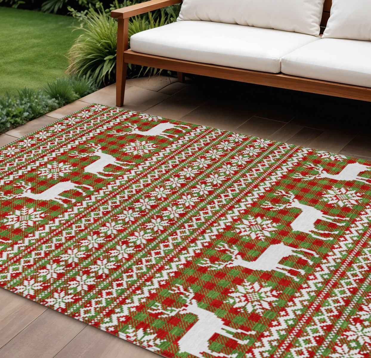 10' X 14' Fern Green Red And Ivory Animal Print Washable Indoor Outdoor Area Rug