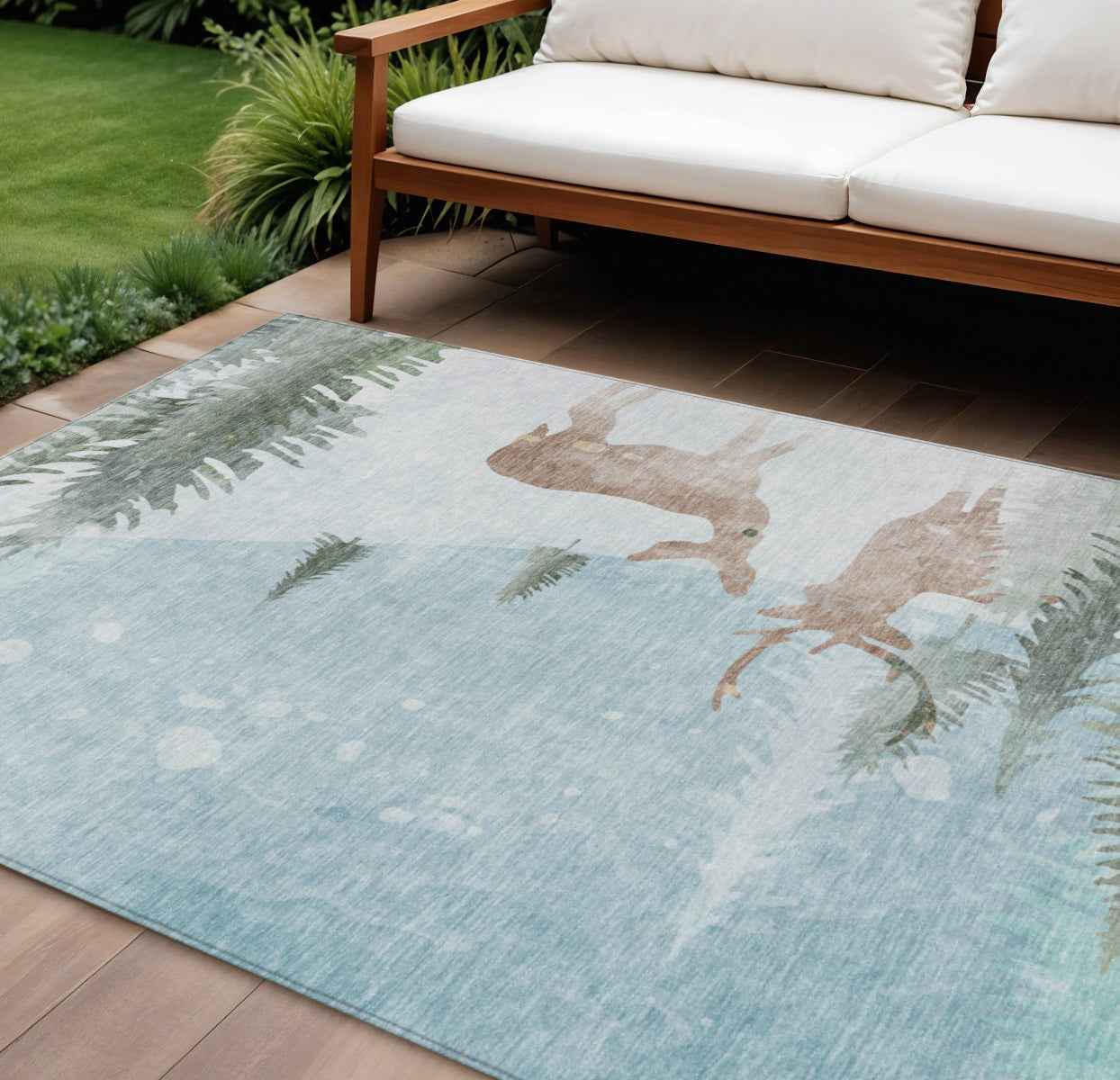 10' X 14' Sky Blue Sage Ivory And Khaki Animal Print Washable Indoor Outdoor Area Rug