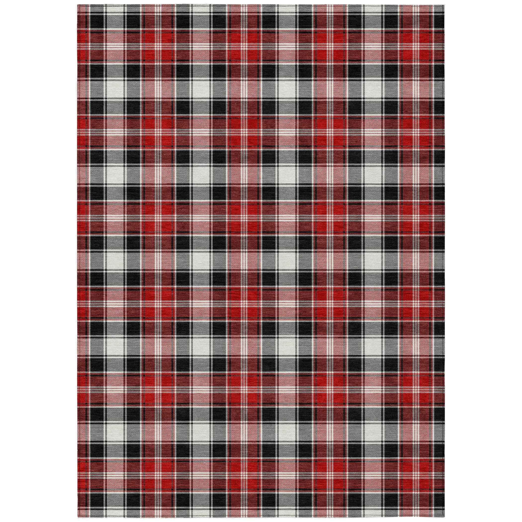 8' X 10' Black Red And White Plaid Washable Indoor Outdoor Area Rug