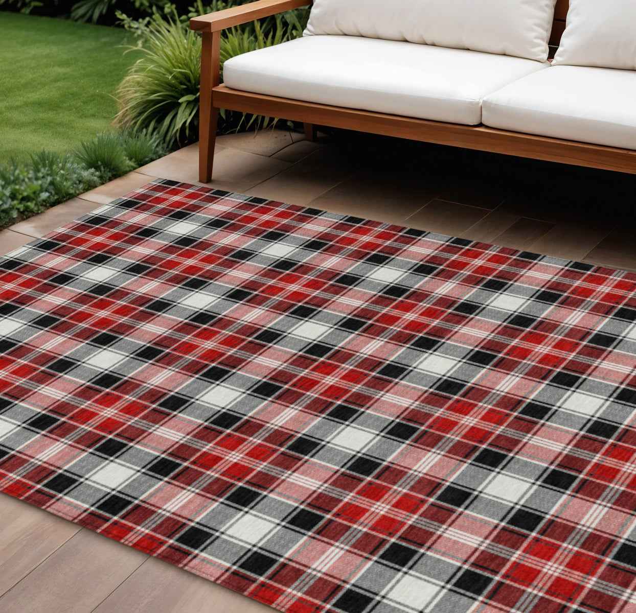 8' X 10' Black Red And White Plaid Washable Indoor Outdoor Area Rug