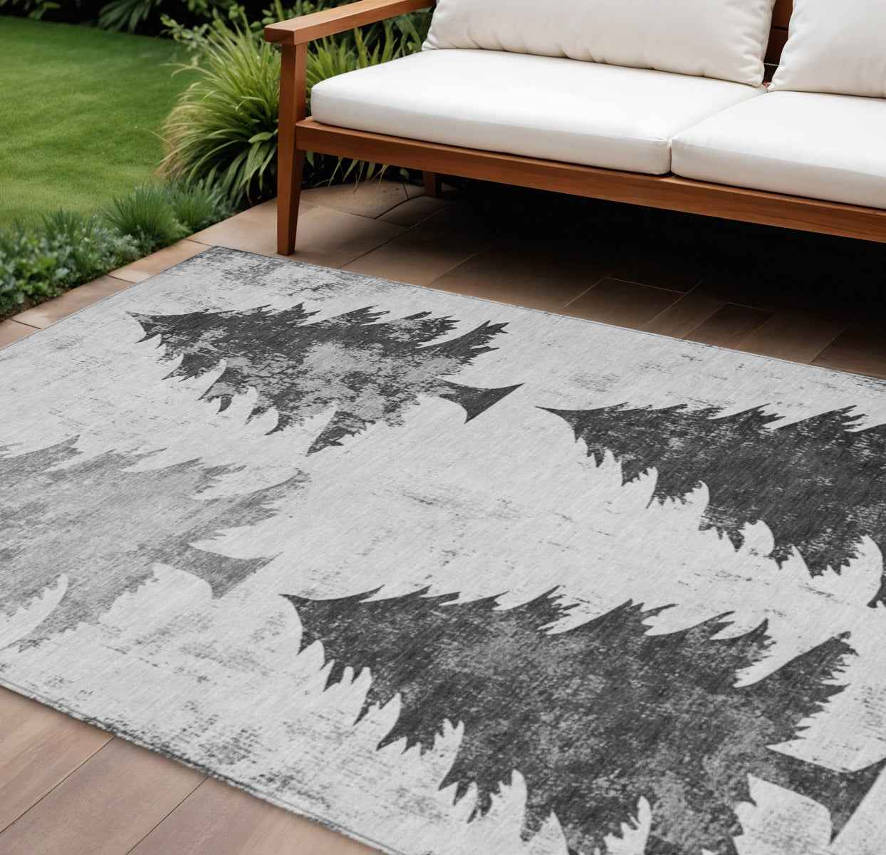 8' X 10' Gray And Silver Botanical Leaves Washable Indoor Outdoor Area Rug