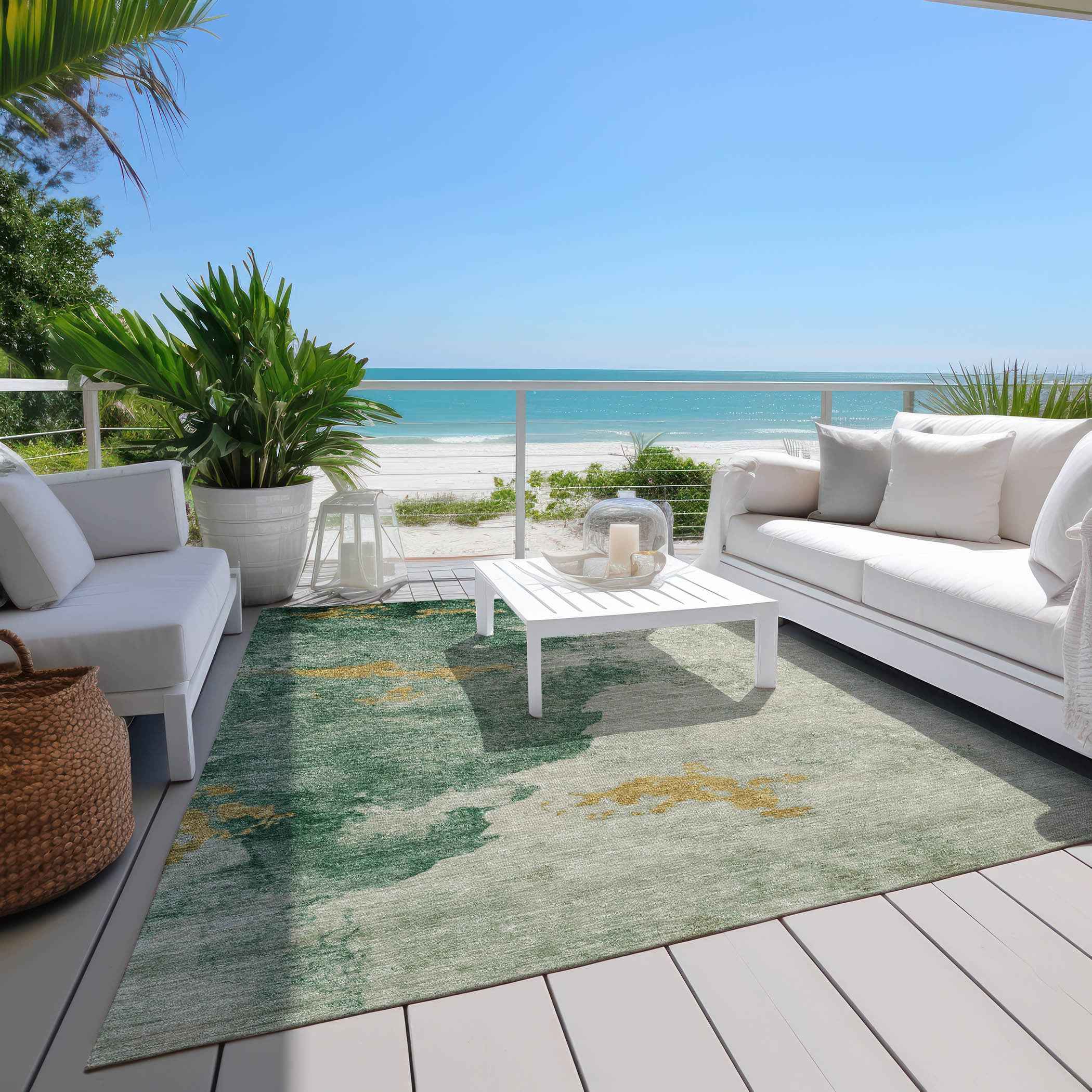 8' X 10' Emerald Sage And Ivory Abstract Washable Indoor Outdoor Area Rug