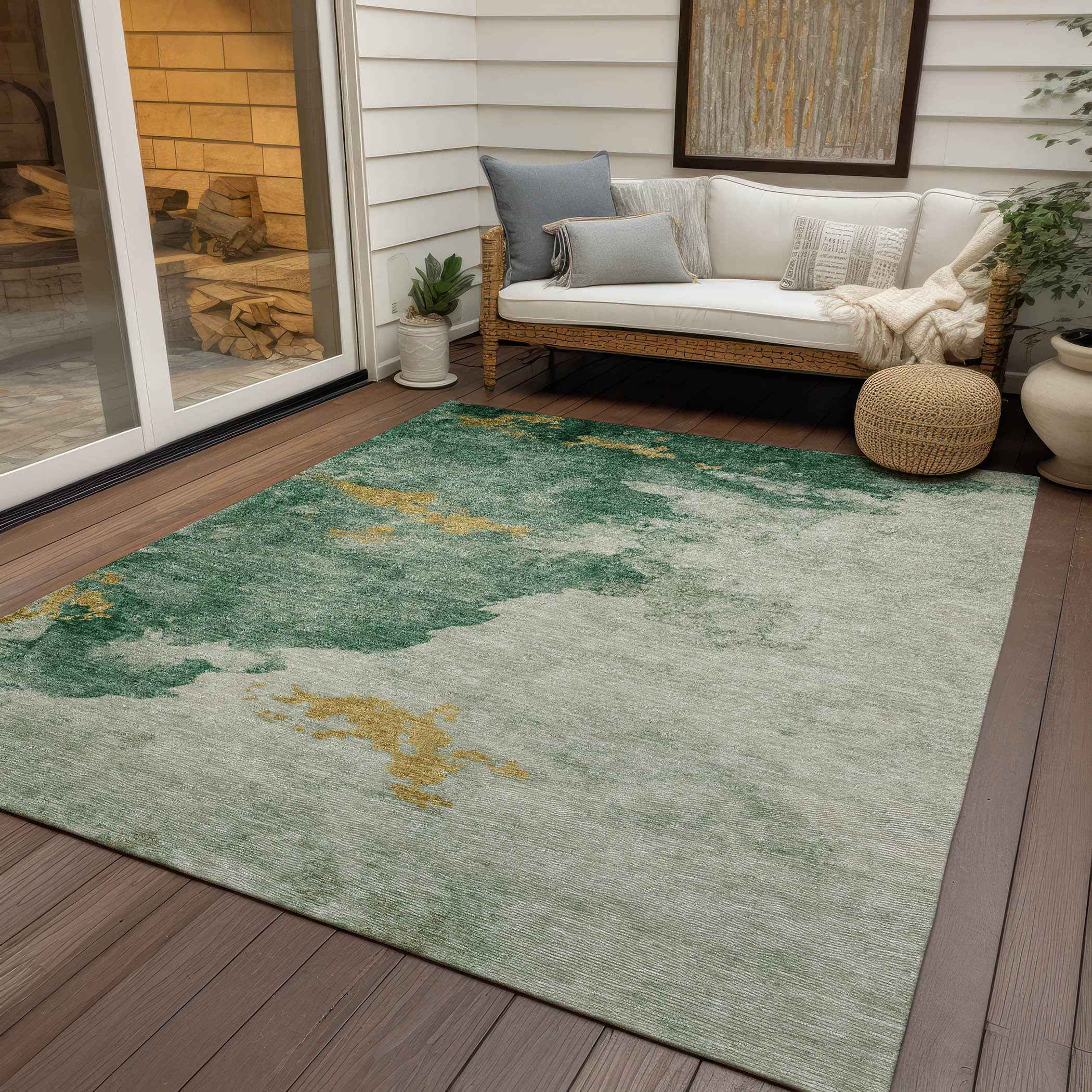 8' X 10' Emerald Sage And Ivory Abstract Washable Indoor Outdoor Area Rug