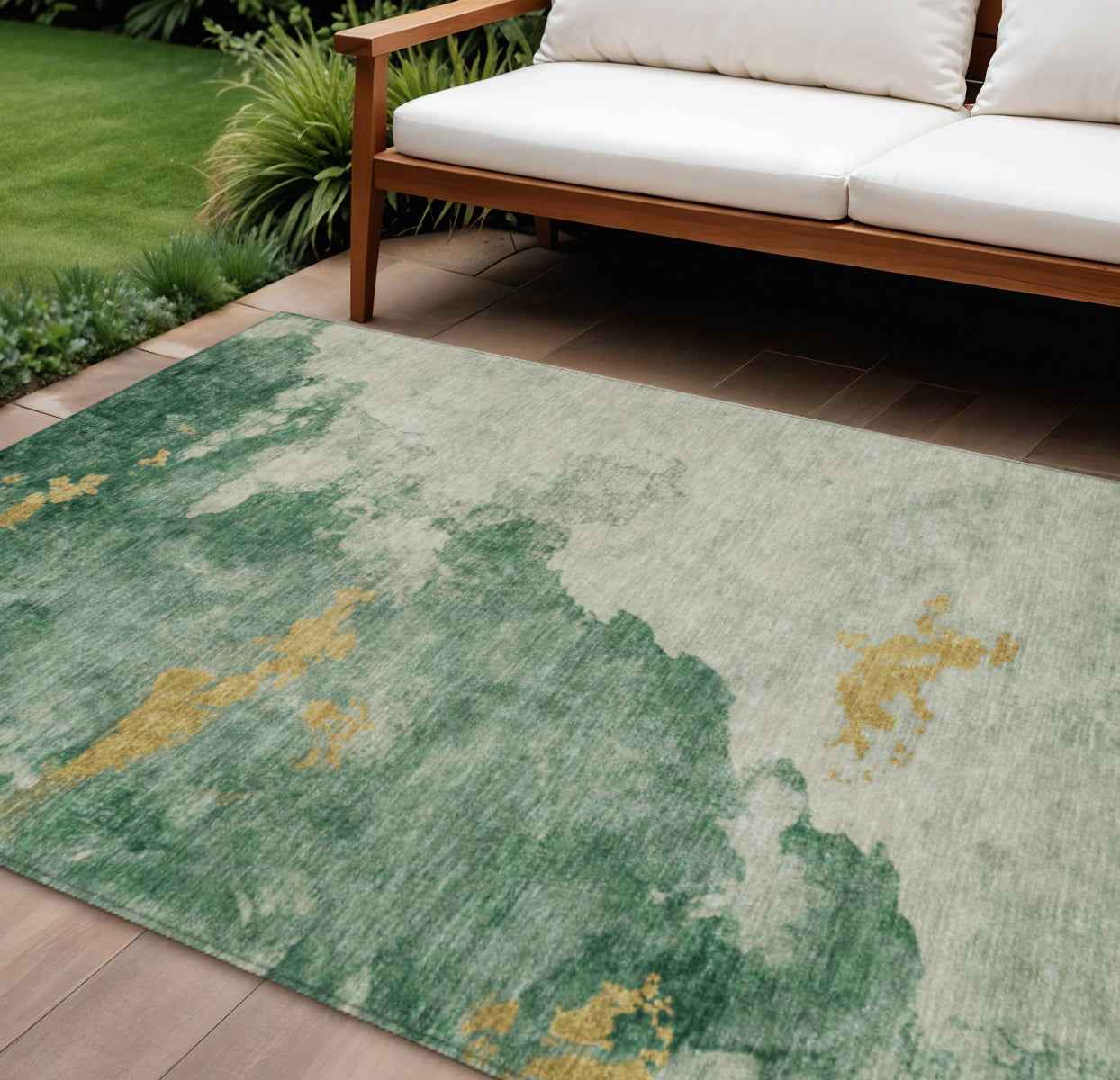 8' X 10' Emerald Sage And Ivory Abstract Washable Indoor Outdoor Area Rug