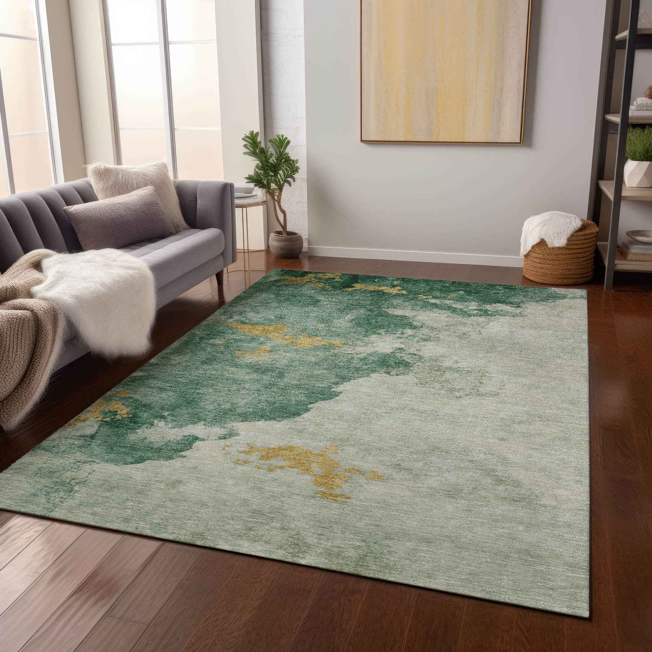 8' X 10' Emerald Sage And Ivory Abstract Washable Indoor Outdoor Area Rug