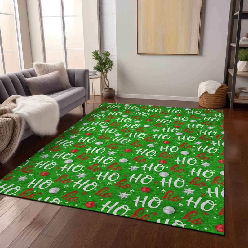 9' X 12' Green White And Red Polka Dot Washable Indoor Outdoor Area Rug