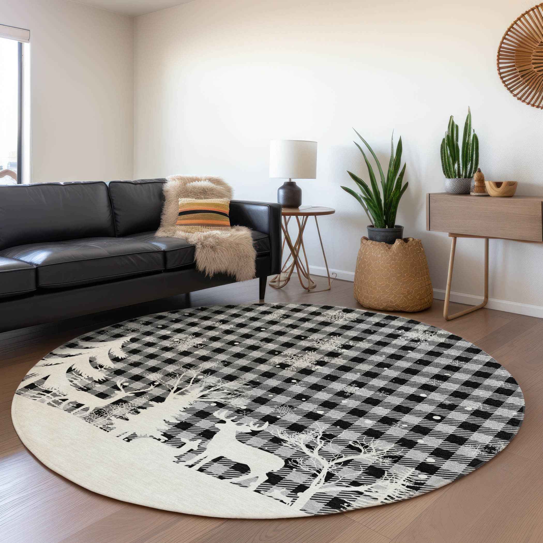 8' Gray Black And Ivory Round Plaid Washable Indoor Outdoor Area Rug