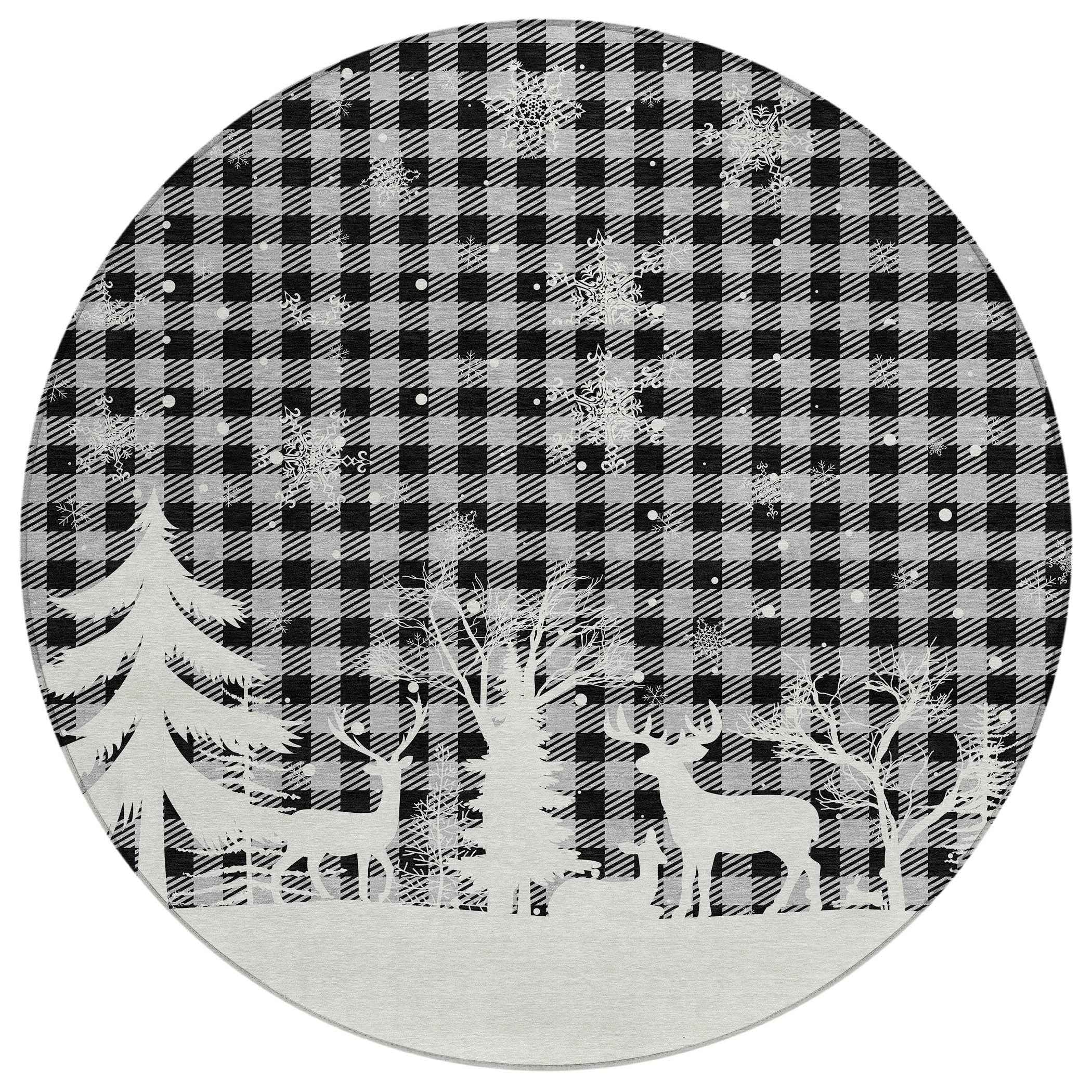 8' Gray Black And Ivory Round Plaid Washable Indoor Outdoor Area Rug