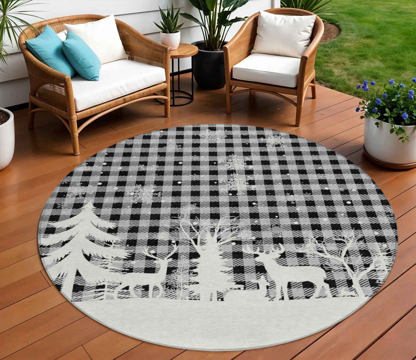 8' Gray Black And Ivory Round Plaid Washable Indoor Outdoor Area Rug