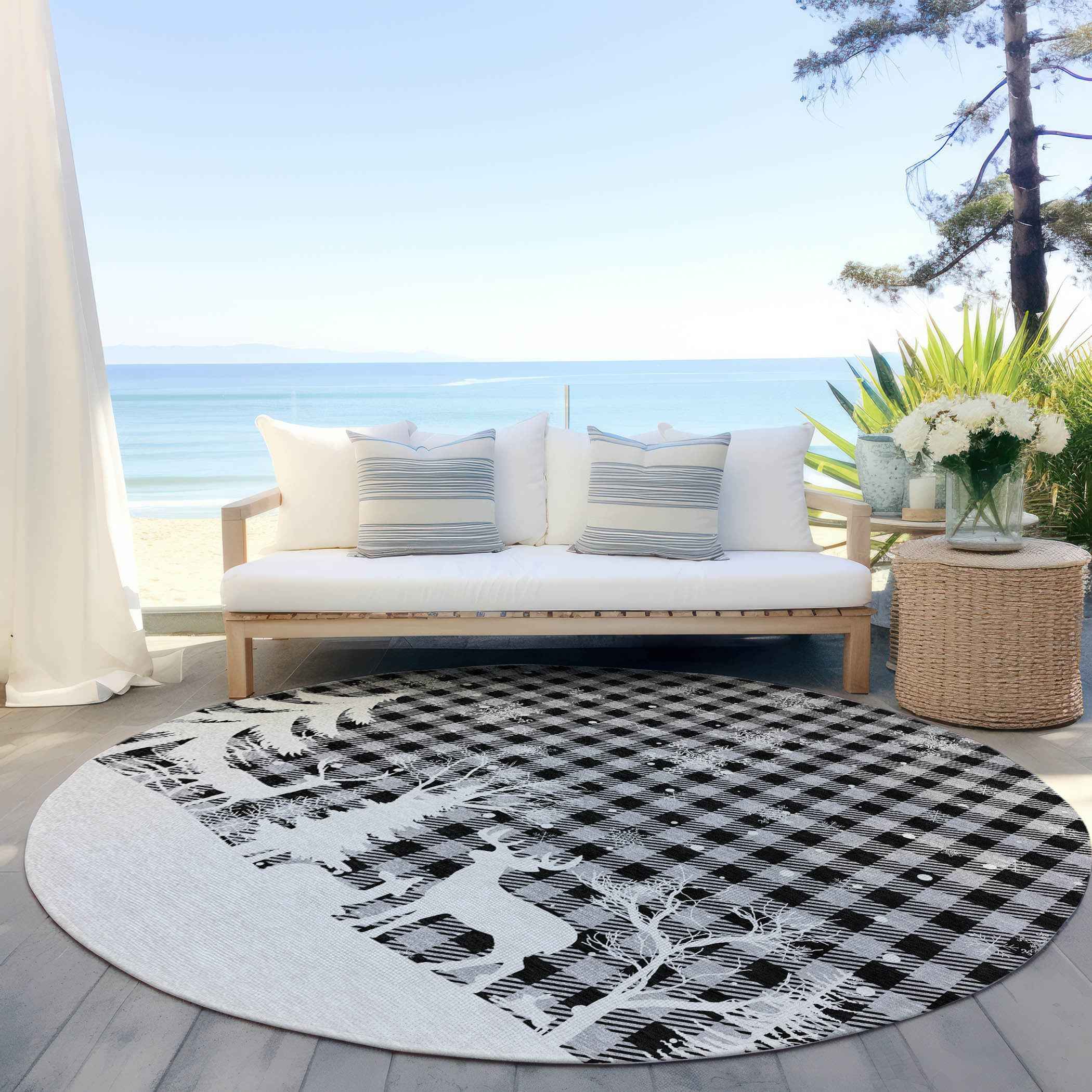 8' Gray Black And Ivory Round Plaid Washable Indoor Outdoor Area Rug