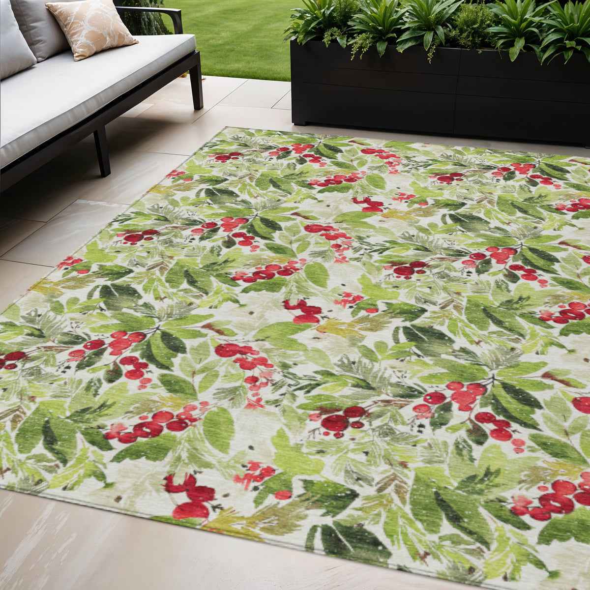5' X 8' Artichoke Green Burgundy And Ivory Botanical Leaves Washable Indoor Outdoor Area Rug