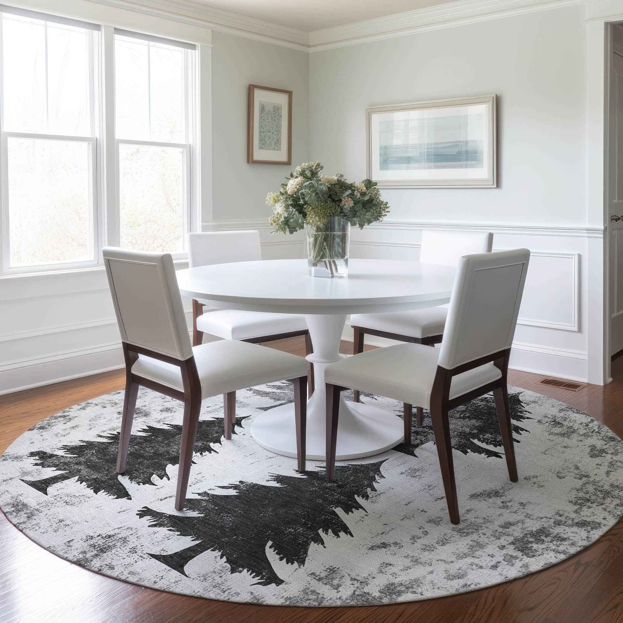 8' Gray And Silver Round Botanical Leaves Washable Indoor Outdoor Area Rug