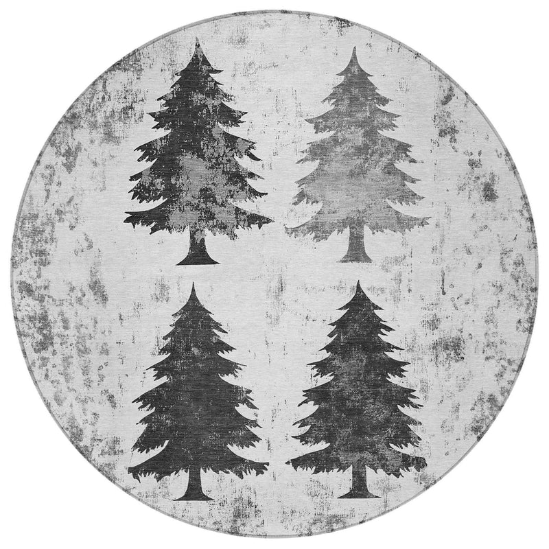 8' Gray And Silver Round Botanical Leaves Washable Indoor Outdoor Area Rug