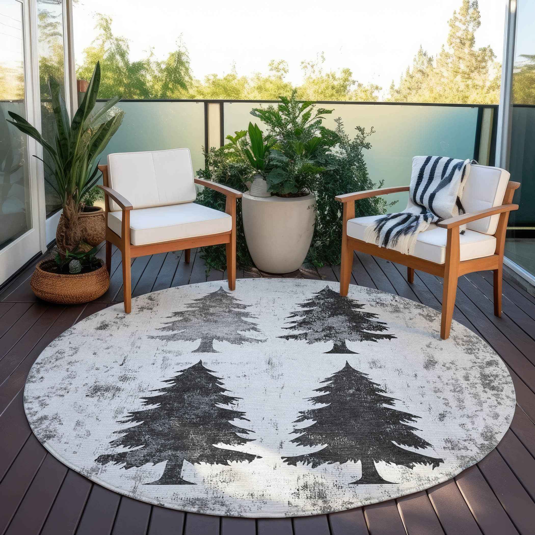 8' Gray And Silver Round Botanical Leaves Washable Indoor Outdoor Area Rug