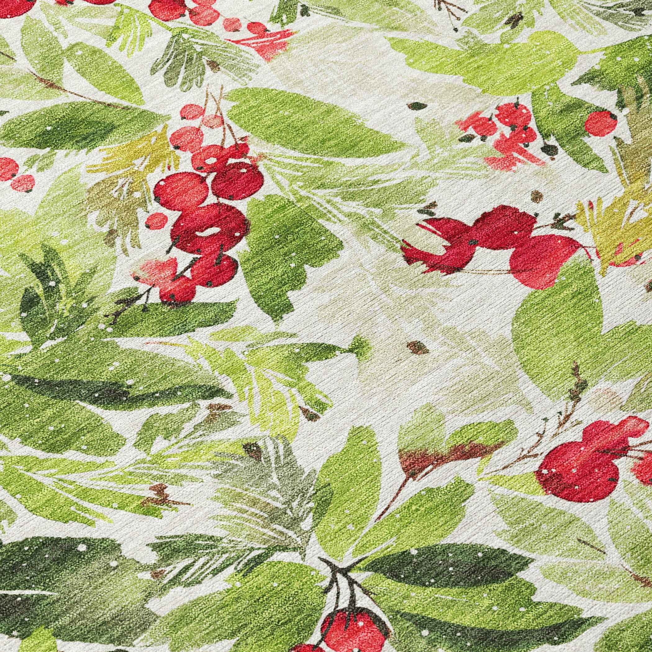 5' X 8' Artichoke Green Burgundy And Ivory Botanical Leaves Washable Indoor Outdoor Area Rug