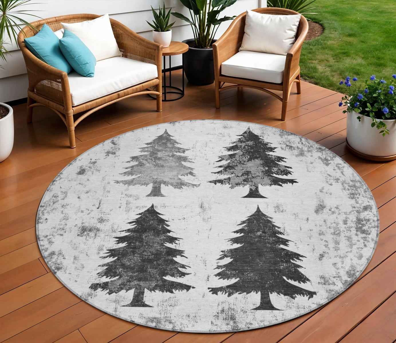 8' Gray And Silver Round Botanical Leaves Washable Indoor Outdoor Area Rug