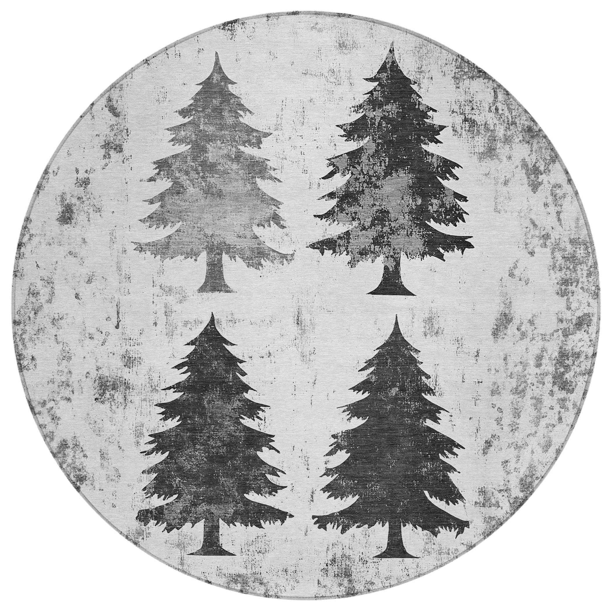 8' Gray And Silver Round Botanical Leaves Washable Indoor Outdoor Area Rug