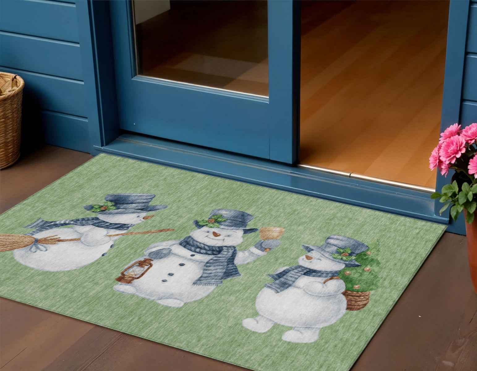 3' X 5' Artichoke Green Denim Blue And Ivory Botanical Leaves Washable Indoor Outdoor Area Rug