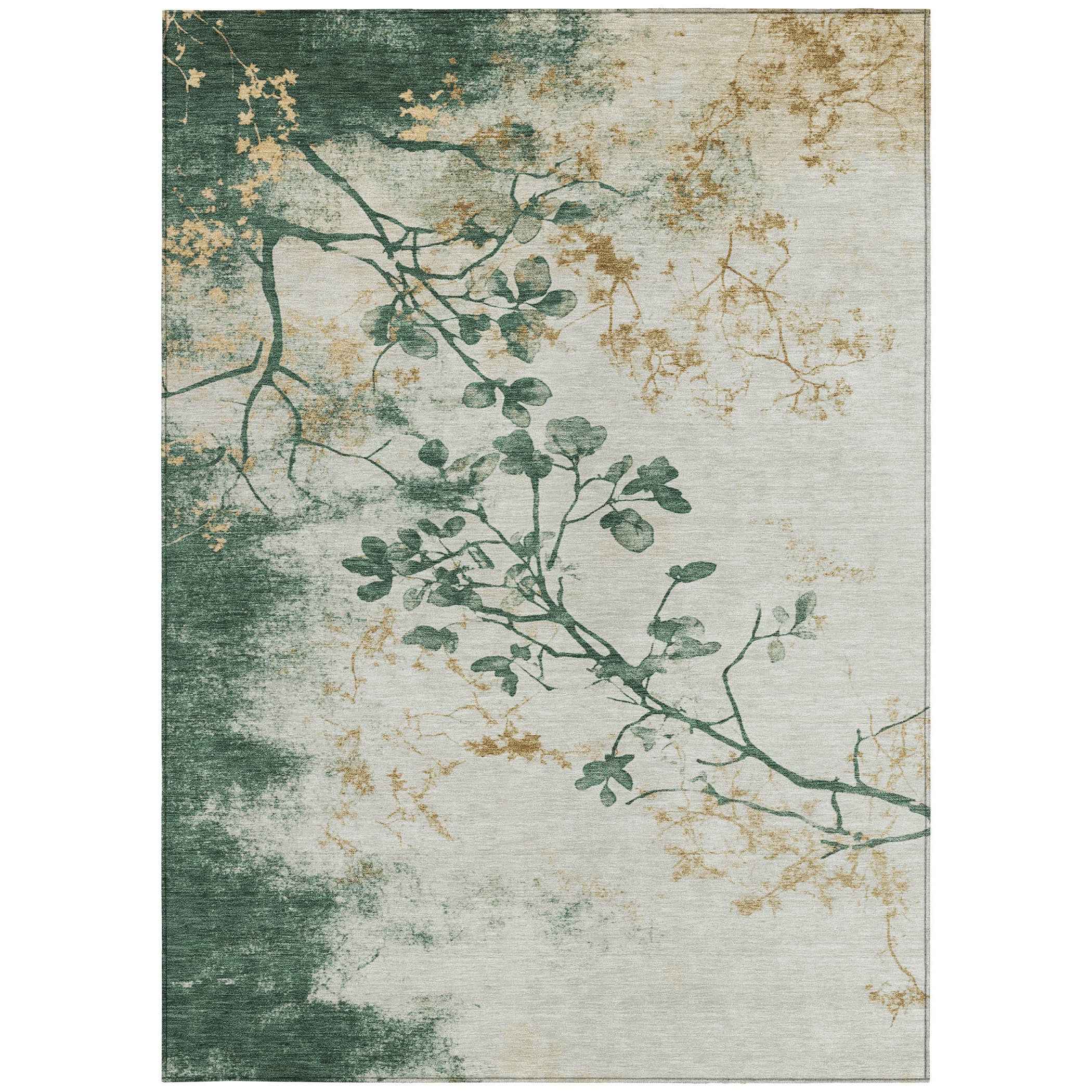 8' X 10' Emerald Ivory And Gold Floral Washable Indoor Outdoor Area Rug