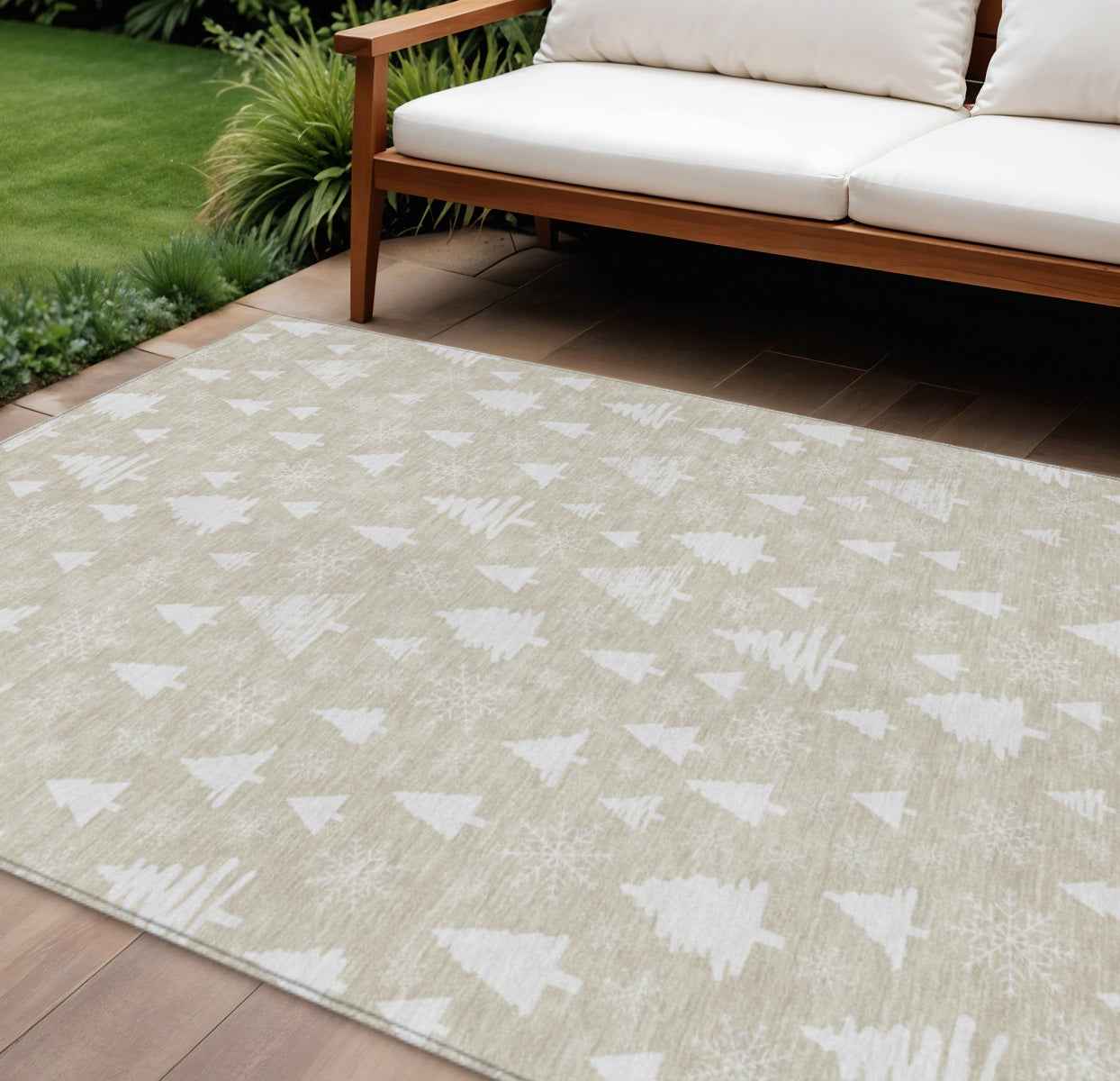 8' X 10' Beige And Ivory Botanical Leaves Washable Indoor Outdoor Area Rug