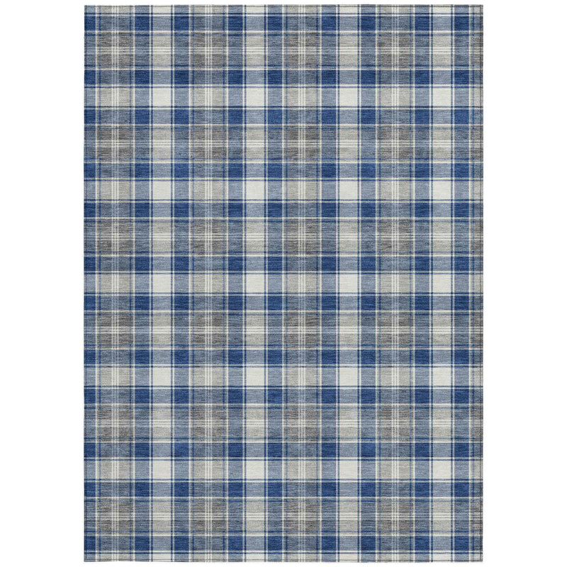 8' X 10' Navy Blue Ivory And Gray Plaid Washable Indoor Outdoor Area Rug