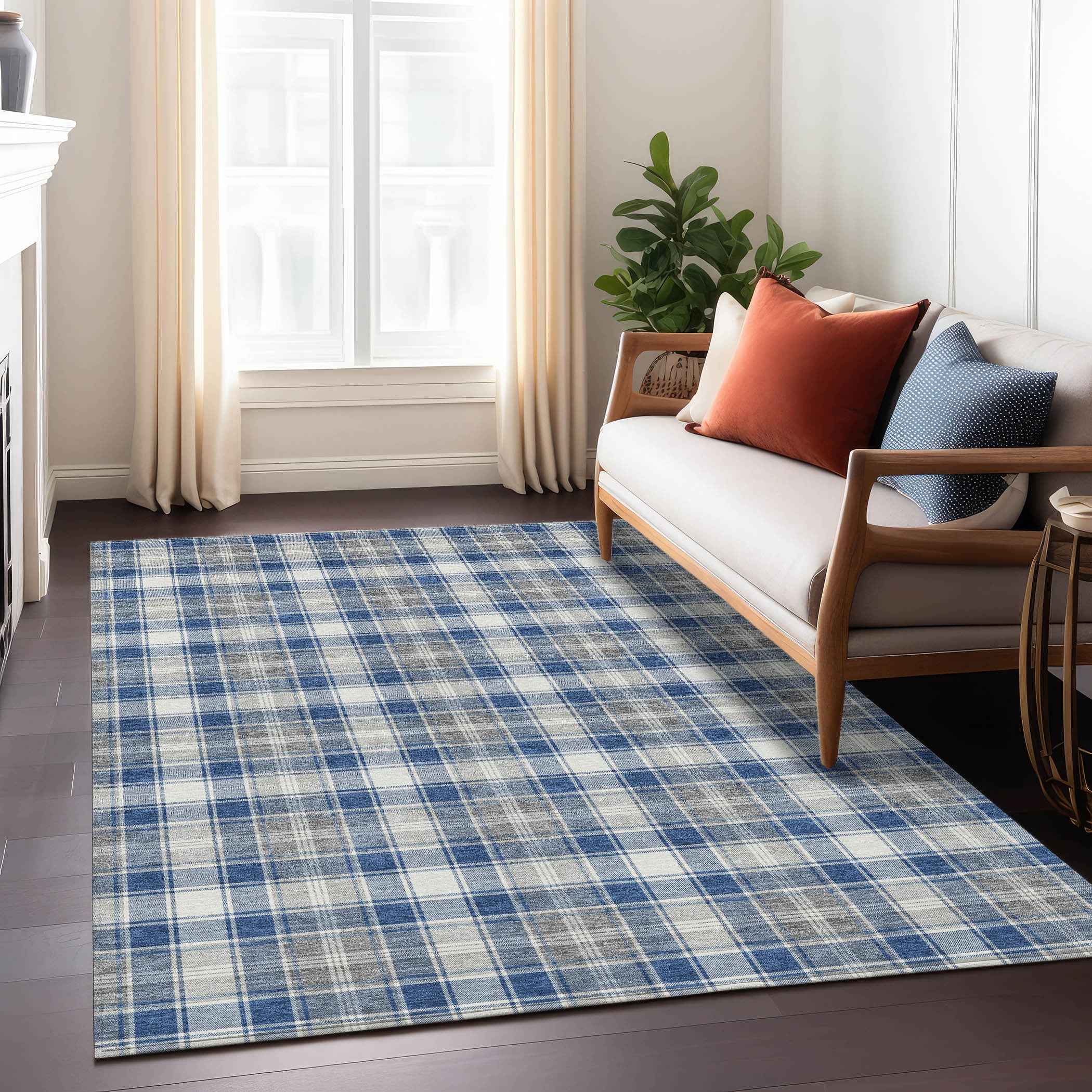 8' X 10' Navy Blue Ivory And Gray Plaid Washable Indoor Outdoor Area Rug