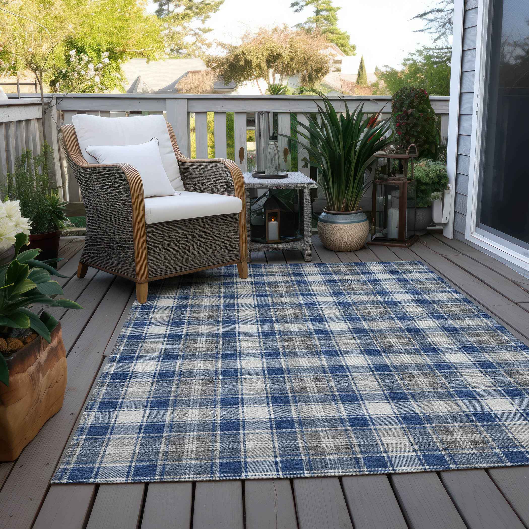 8' X 10' Navy Blue Ivory And Gray Plaid Washable Indoor Outdoor Area Rug