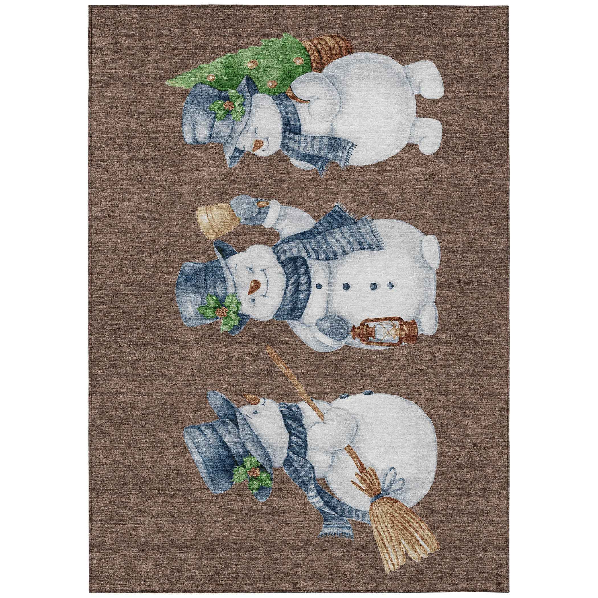 5' X 8' Brown Denim Blue And Ivory Botanical Leaves Washable Indoor Outdoor Area Rug