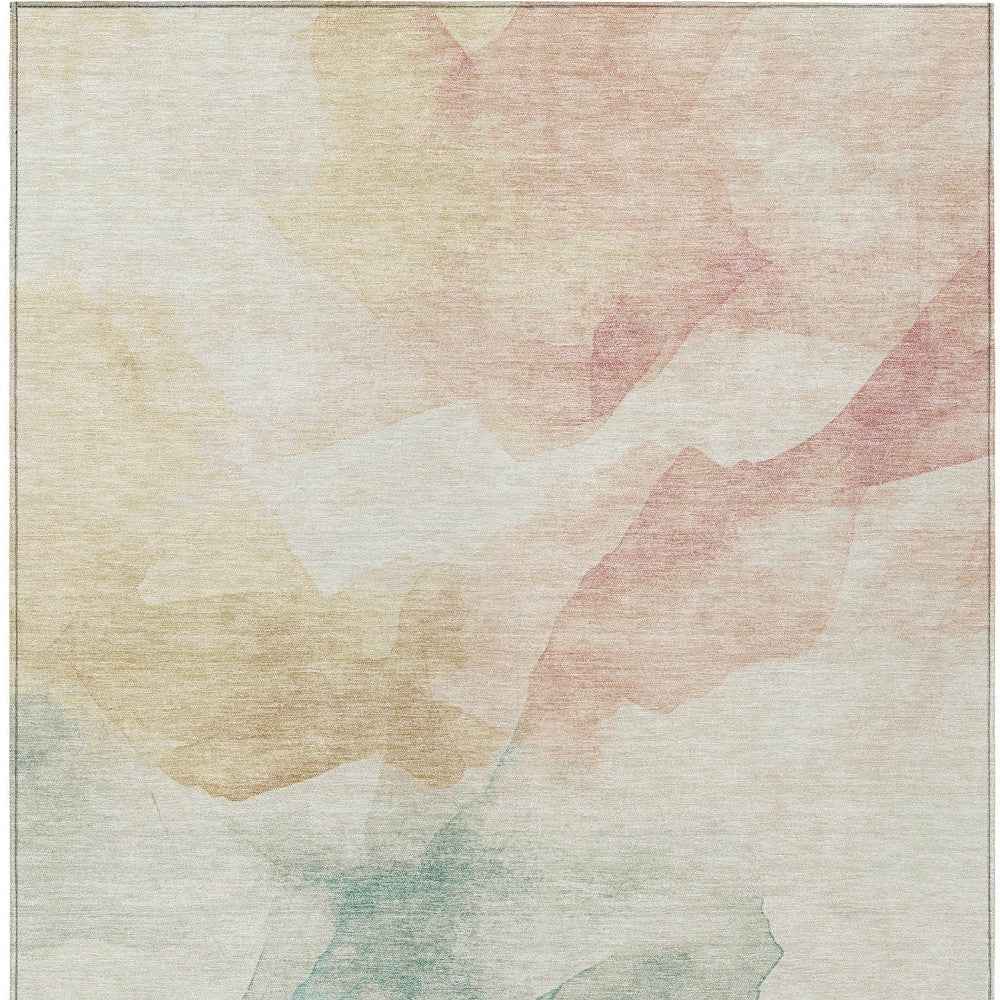 5' X 8' Pearl Ivory Beige And Teal Blue Abstract Washable Indoor Outdoor Area Rug