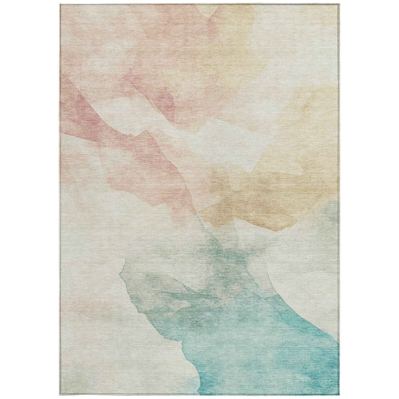 5' X 8' Pearl Ivory Beige And Teal Blue Abstract Washable Indoor Outdoor Area Rug