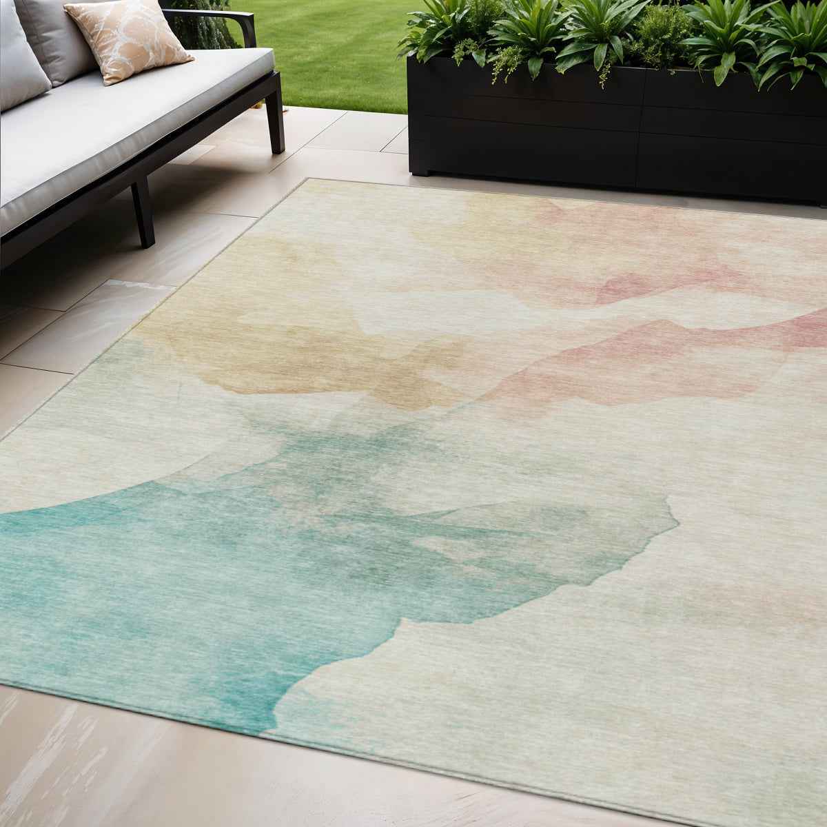 5' X 8' Pearl Ivory Beige And Teal Blue Abstract Washable Indoor Outdoor Area Rug