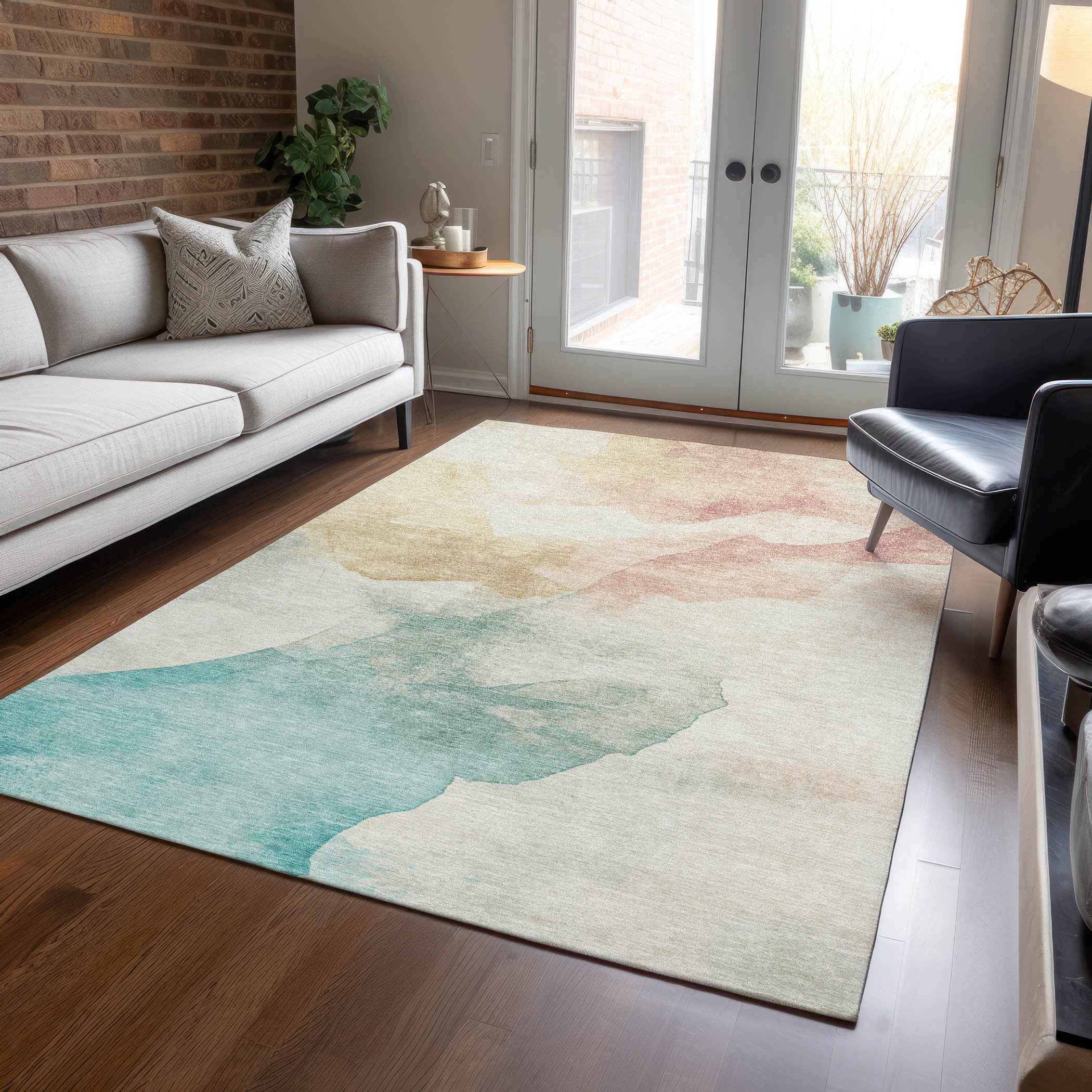 5' X 8' Pearl Ivory Beige And Teal Blue Abstract Washable Indoor Outdoor Area Rug