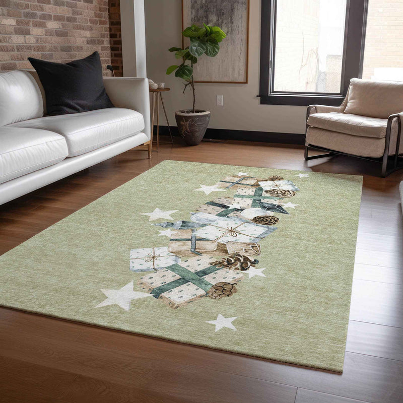 3' X 5' Artichoke Green Beige Ivory And Taupe Geometric Washable Indoor Outdoor Area Rug